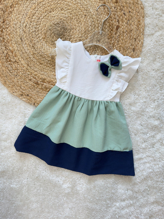 Kid Girl half Sleeves Dress Bow Detail in White Blue Color.