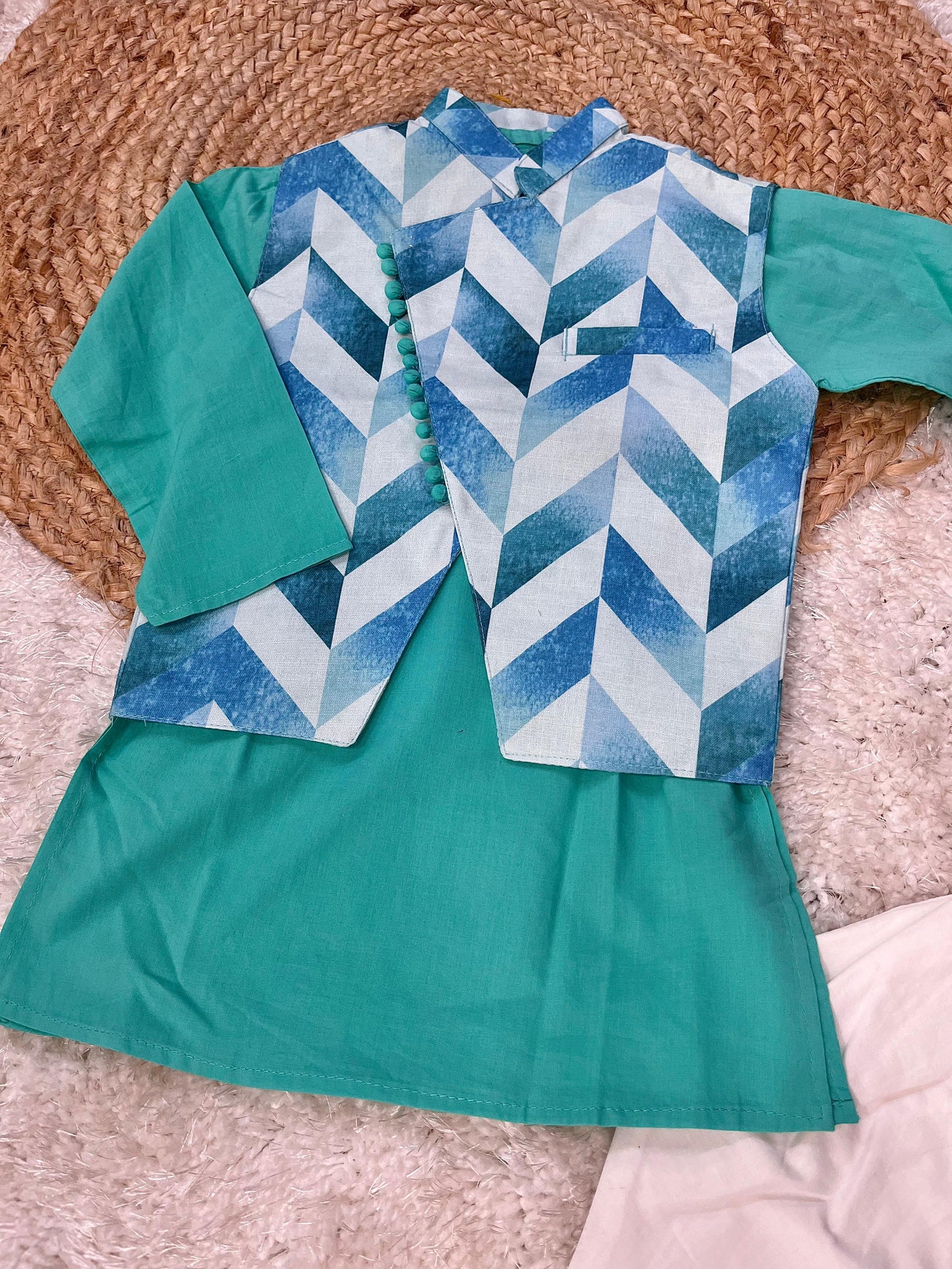 Kid Boy Turquoise color Kurta & Pajama With Check Style Multi Colour Jacket.