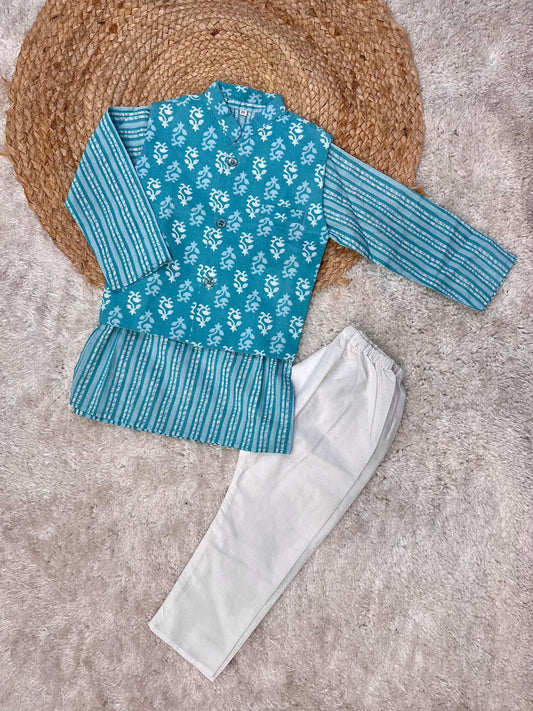 Kid Boy Aqua Blue Color Kurta & Pajama With Floral Print Aqua Colour Jacket.