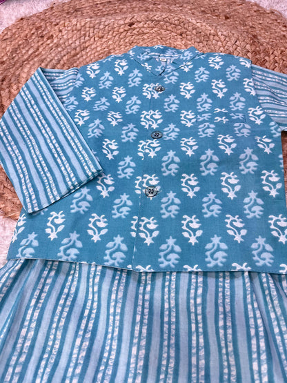 Kid Boy Aqua Blue Color Kurta & Pajama With Floral Print Aqua Colour Jacket.