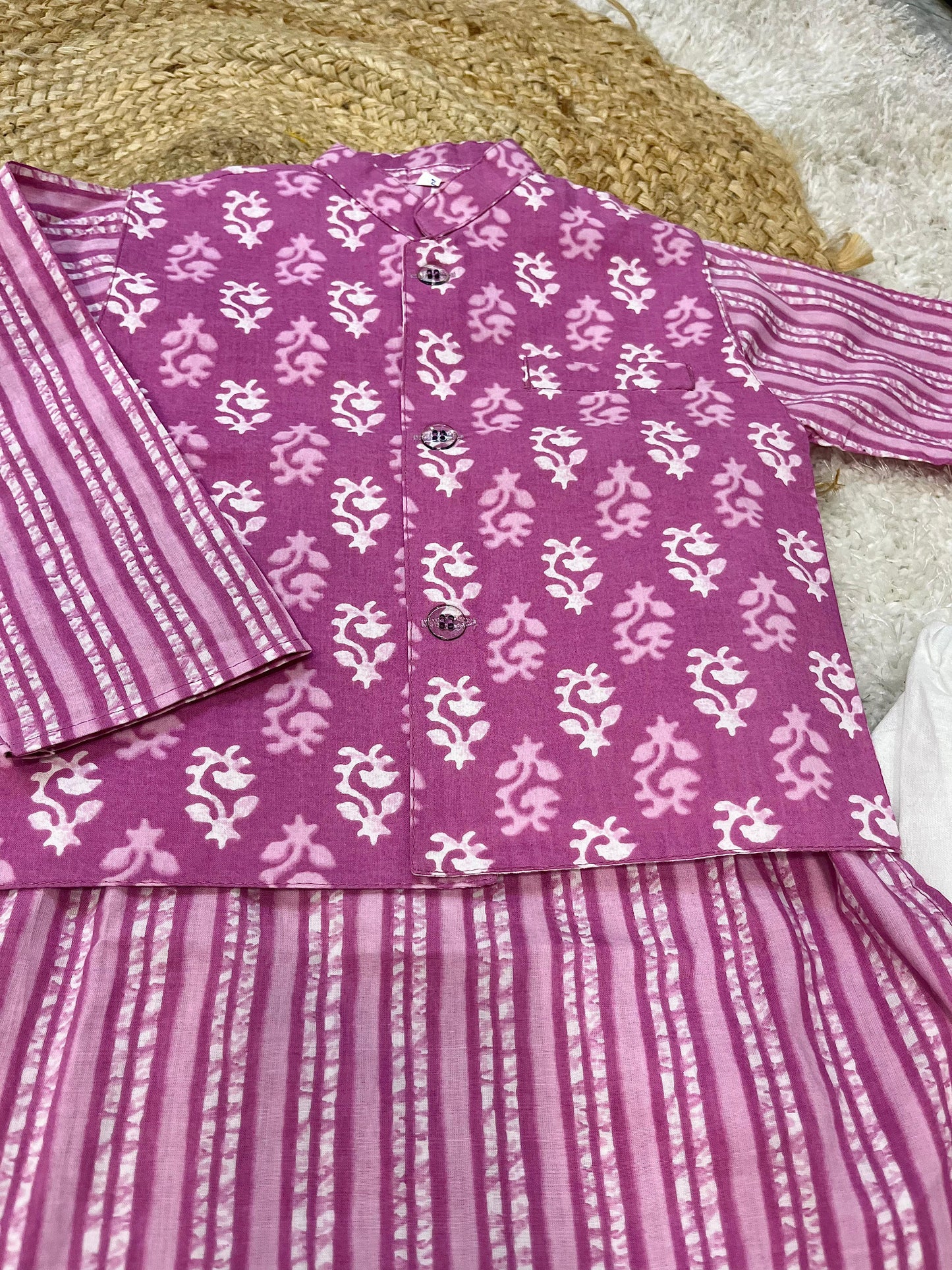 Kids Boy Purple Color Kurta & Pajama With Floral Print Purple Colour Jacket.