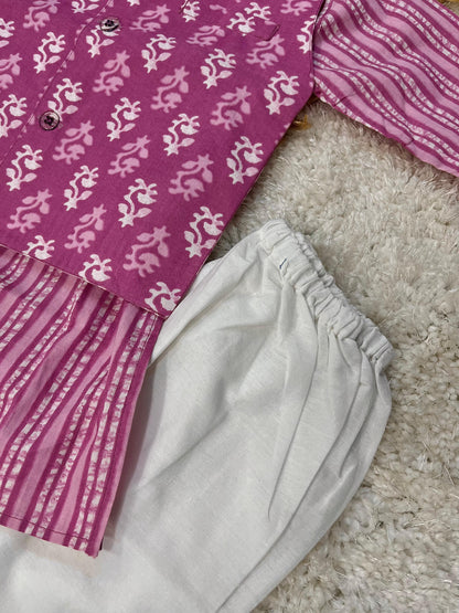 Kids Boy Purple Color Kurta & Pajama With Floral Print Purple Colour Jacket.