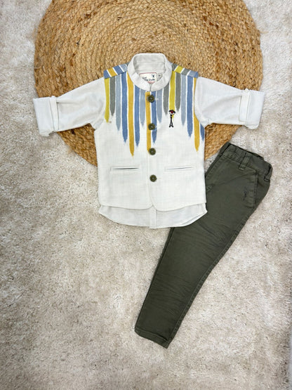 Full Sleeves Party Suit With Waist Coat & Trouser  - White