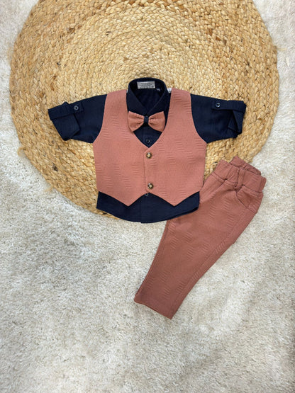 Full Sleeves Striped 3 Piece Party Suit Set - Orange