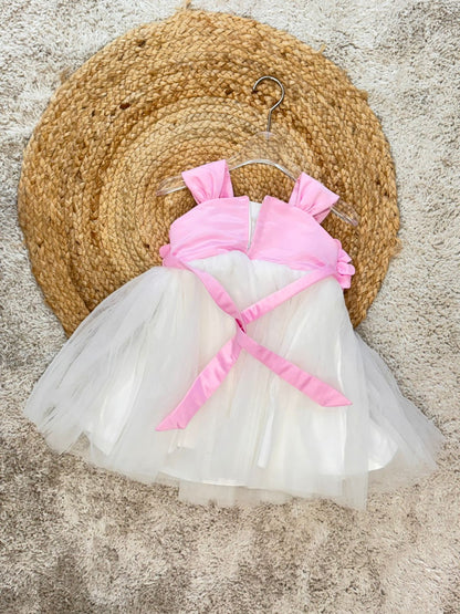 Sleeveless Floral Applique Detailed Tutu Net Dress - Pink White
