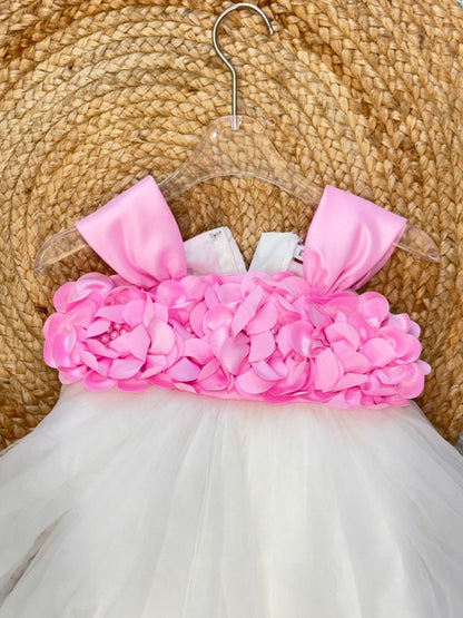 Sleeveless Floral Applique Detailed Tutu Net Dress - Pink White