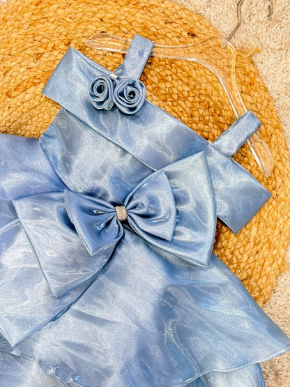 Sleeveless Floral Applique  With Bow Layered Dress