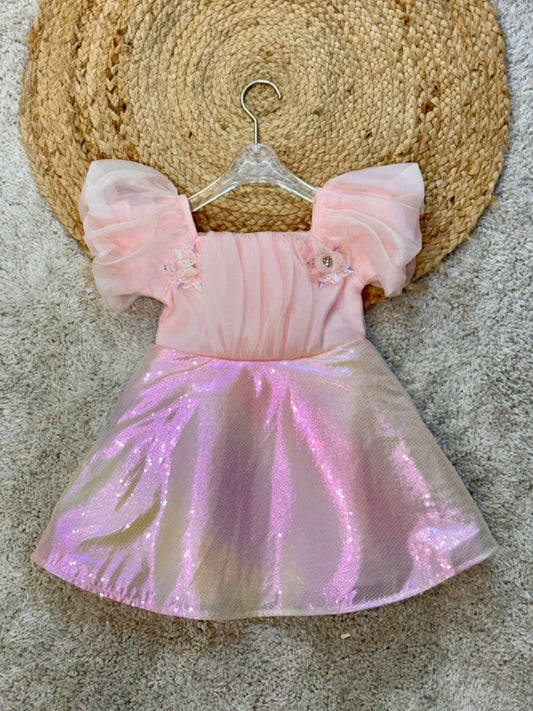Half Sleeves Solid Party Wear Frock Floral Applique - Peach
