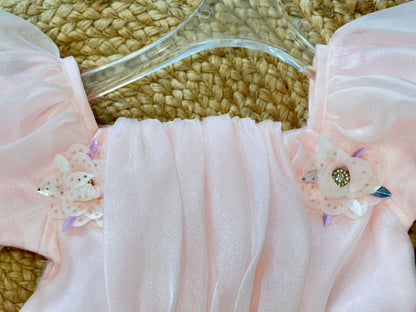 Half Sleeves Solid Party Wear Frock Floral Applique - Peach