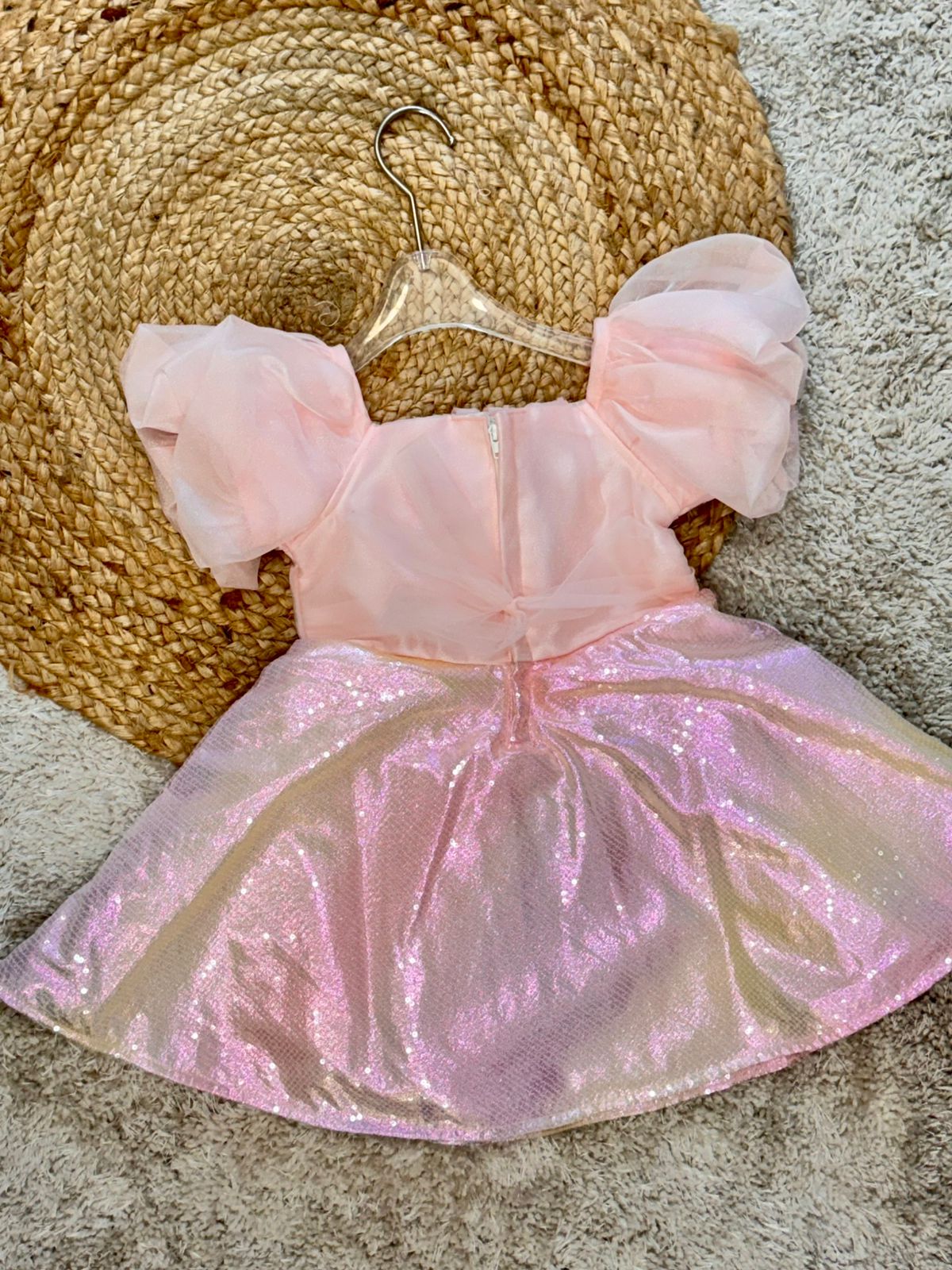Half Sleeves Solid Party Wear Frock Floral Applique - Peach