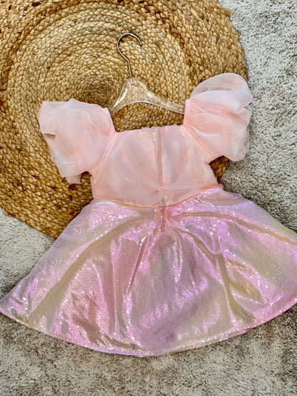 Half Sleeves Solid Party Wear Frock Floral Applique - Peach