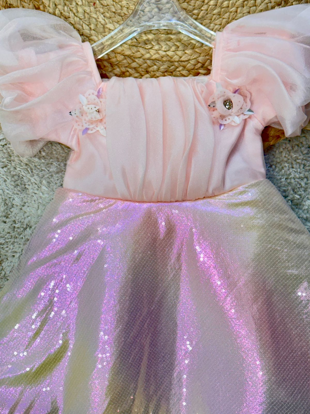 Half Sleeves Solid Party Wear Frock Floral Applique - Peach