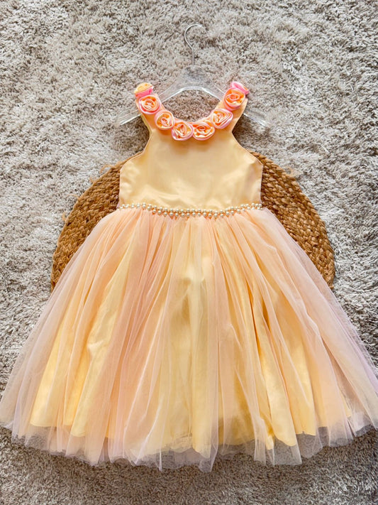 Sleeveless Party Frock With Floral Corsage - Peach