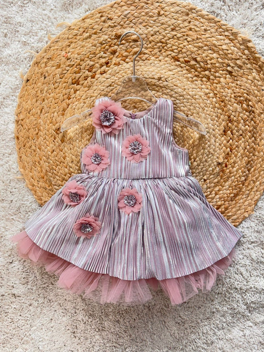 Sleeveless Party Frock With Floral Corsage - Multicolor