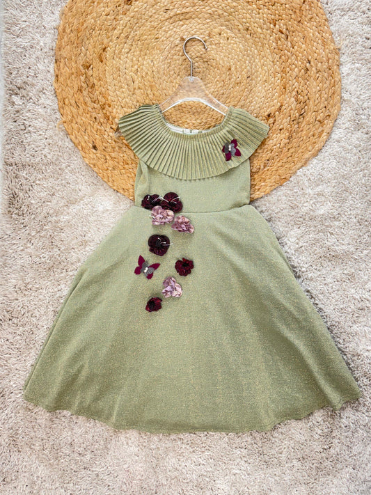 Pista Green Long Gown For Kids With Hand Work