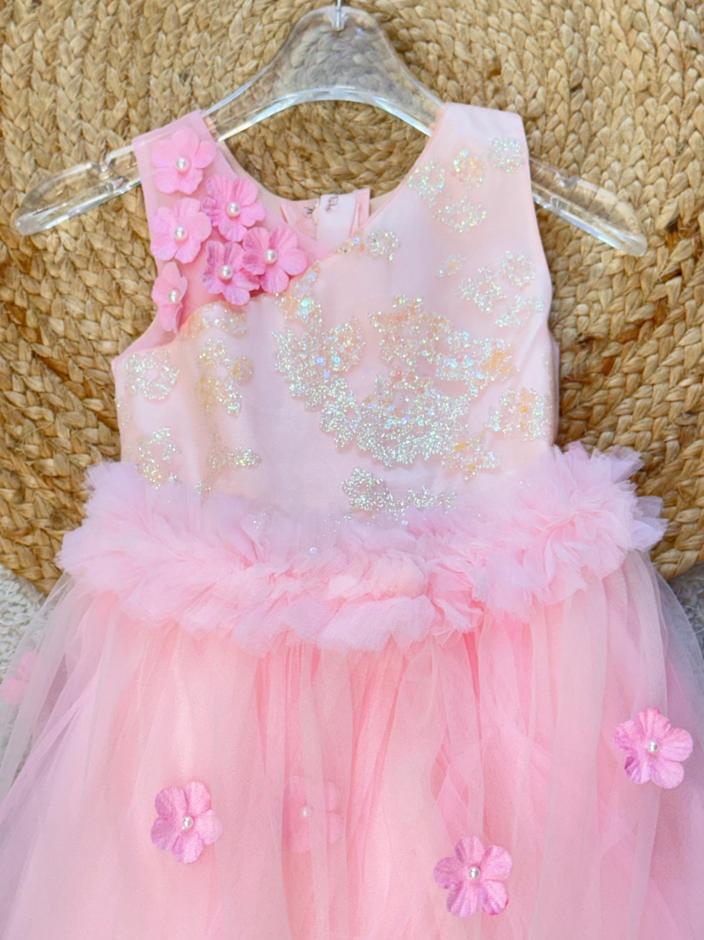 Sleeveless Floral Applique Flower Flared Party Wear Frock With layer - Pink