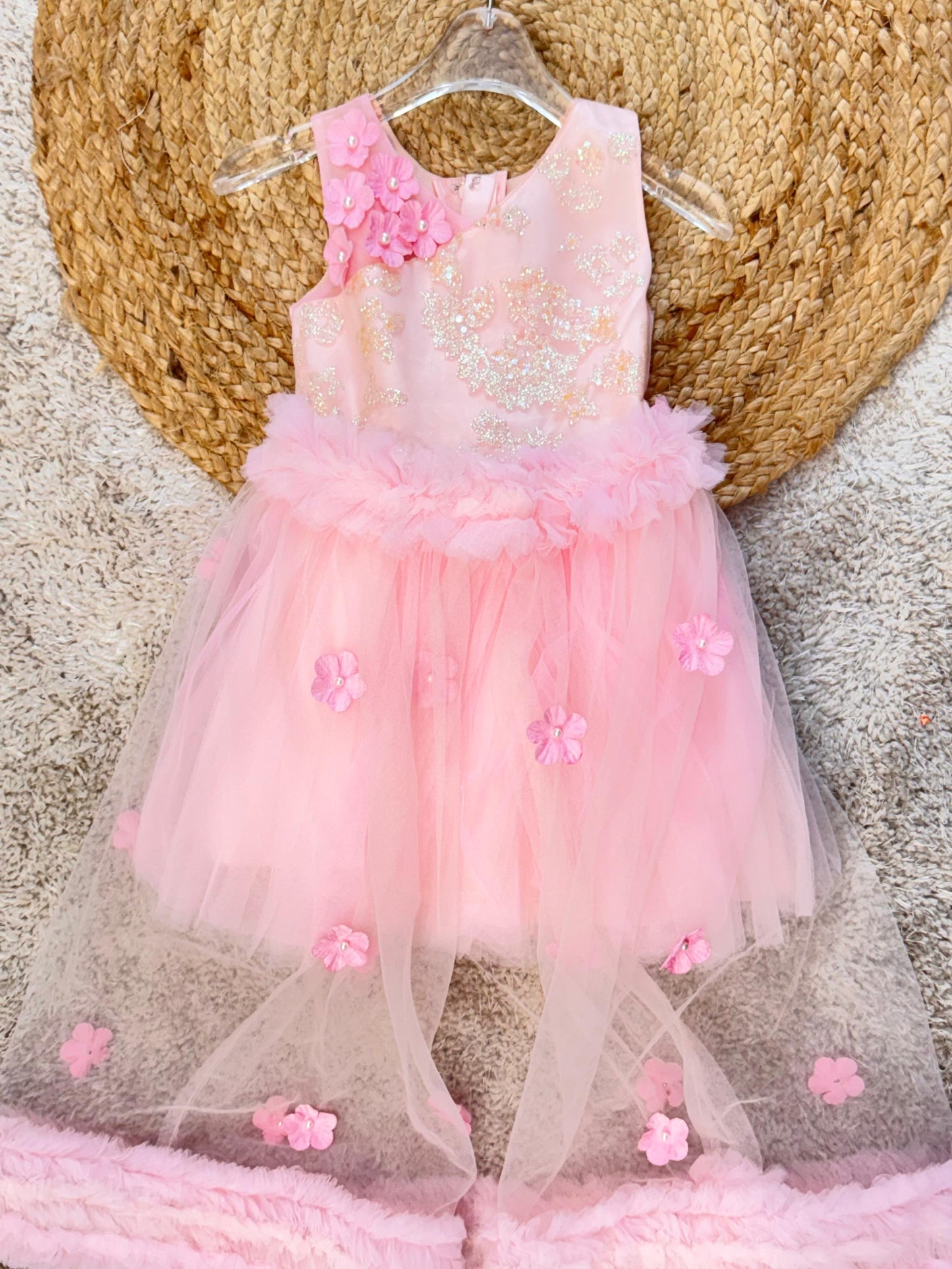 Sleeveless Floral Applique Flower Flared Party Wear Frock With layer - Pink