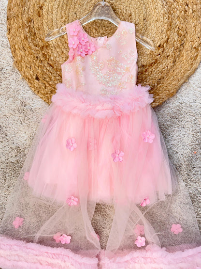 Sleeveless Floral Applique Flower Flared Party Wear Frock With layer - Pink