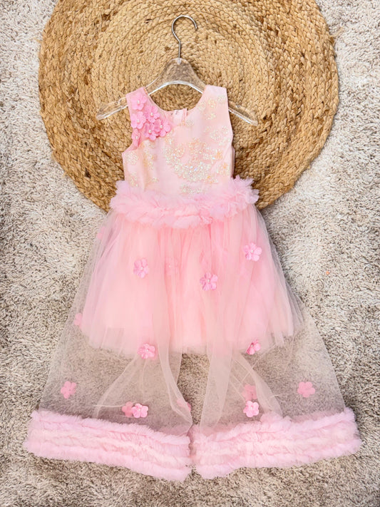 Sleeveless Floral Applique Flower Flared Party Wear Frock With layer - Pink