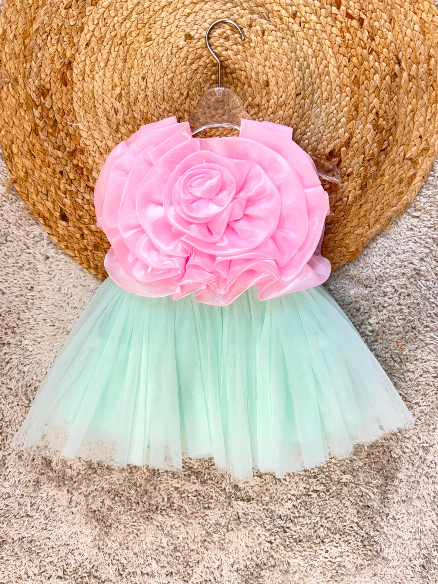 Pearl Embellished Flower Sleeveless Party Frock - Pink