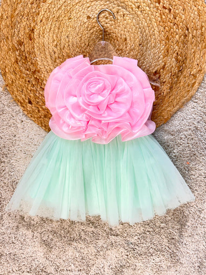 Pearl Embellished Flower Sleeveless Party Frock - Pink