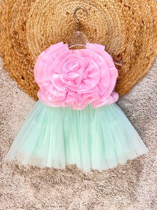 Pearl Embellished Flower Sleeveless Party Frock - Pink