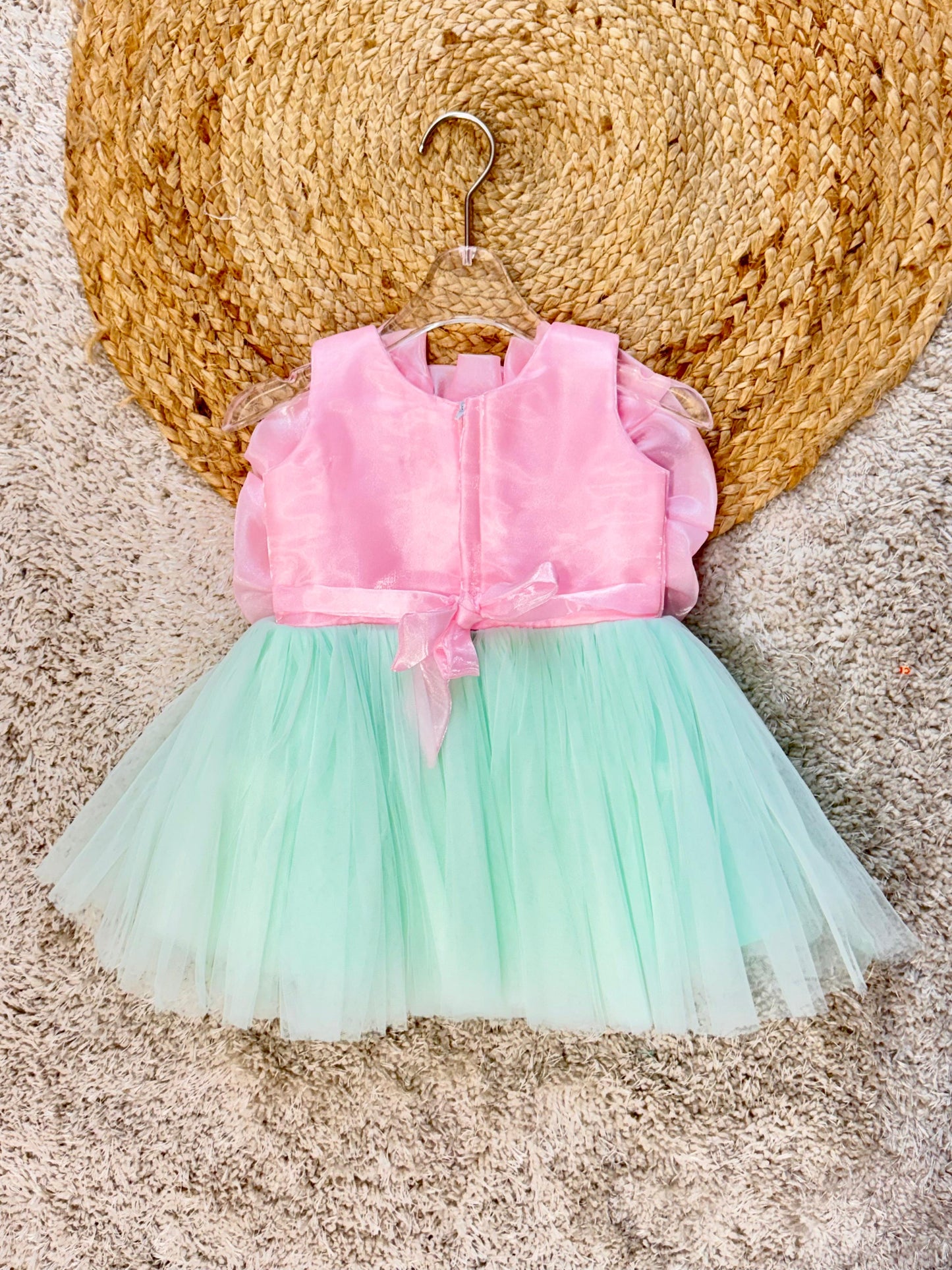 Pearl Embellished Flower Sleeveless Party Frock - Pink