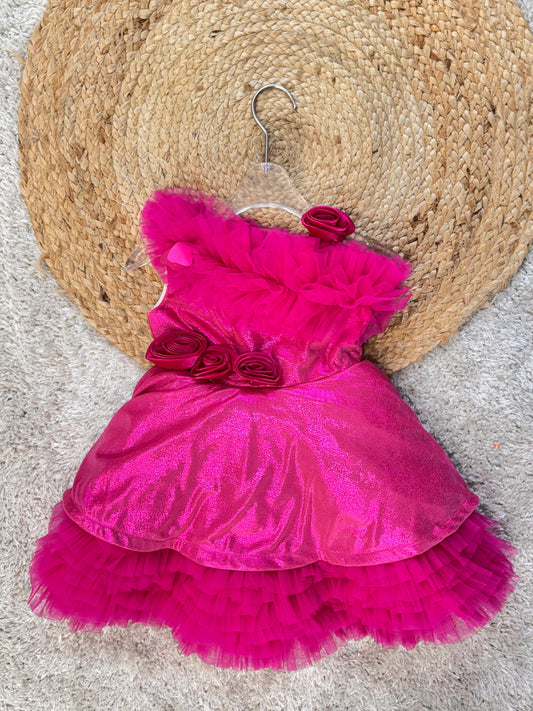 Sleeveless Party Wear Frock With Solid Colour - Pink