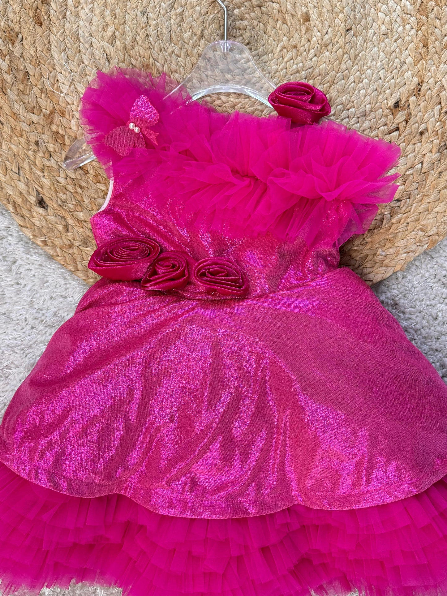 Sleeveless Party Wear Frock With Solid Colour - Pink