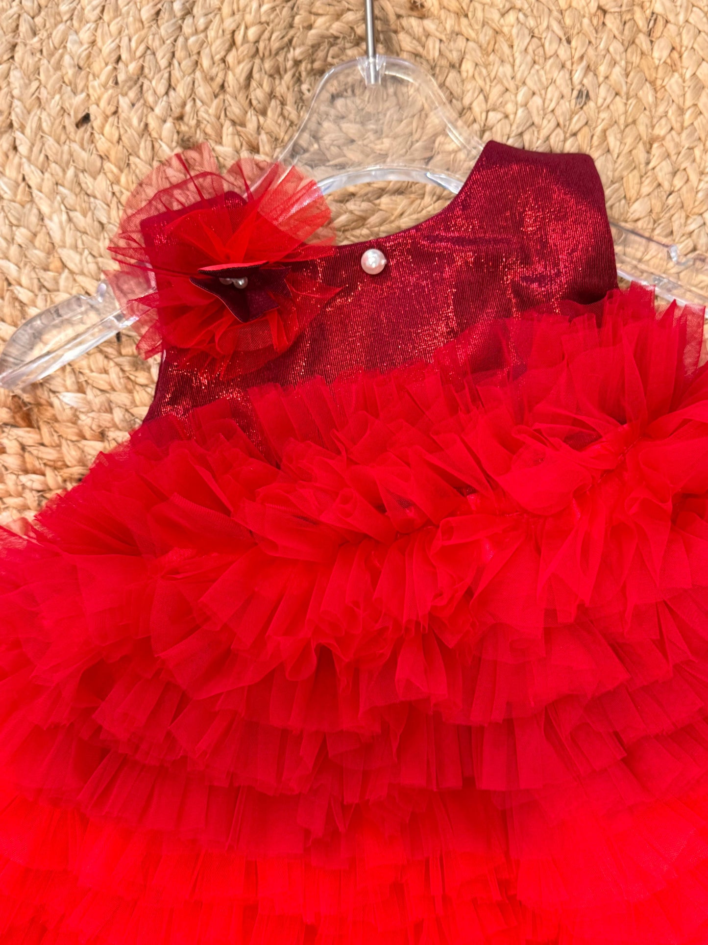 One Shoulder Sleeveless Party Frock with Floral Embroidery With Shoes - Red
