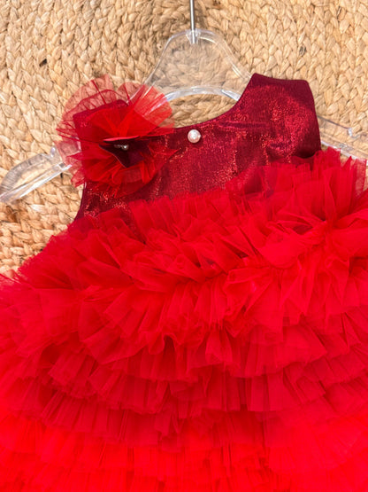 One Shoulder Sleeveless Party Frock with Floral Embroidery With Shoes - Red