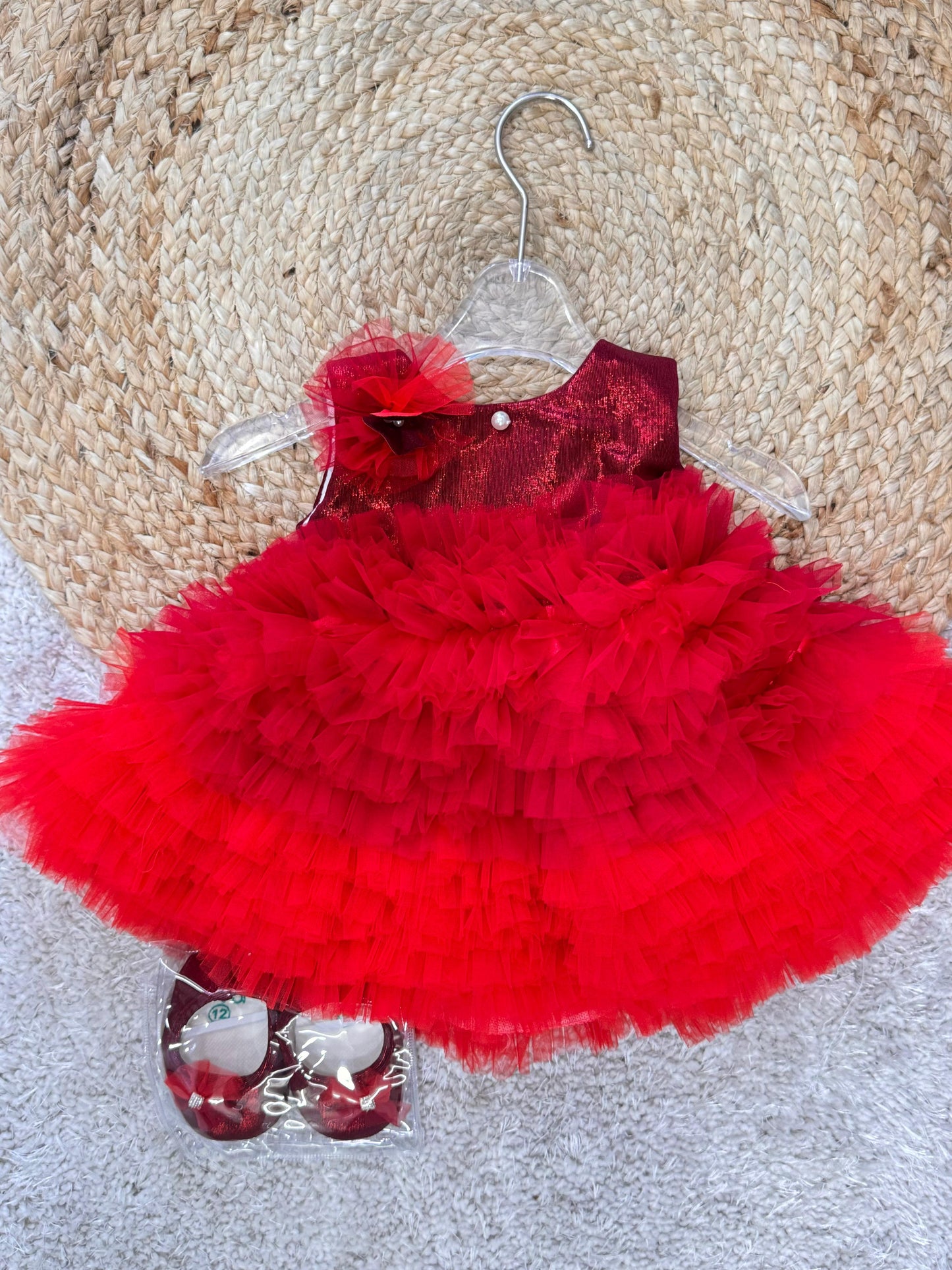 One Shoulder Sleeveless Party Frock with Floral Embroidery With Shoes - Red