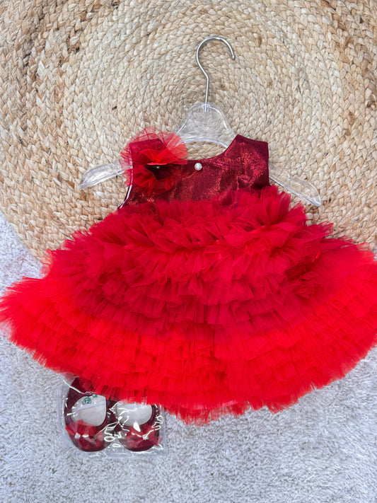 One Shoulder Sleeveless Party Frock with Floral Embroidery With Shoes - Red