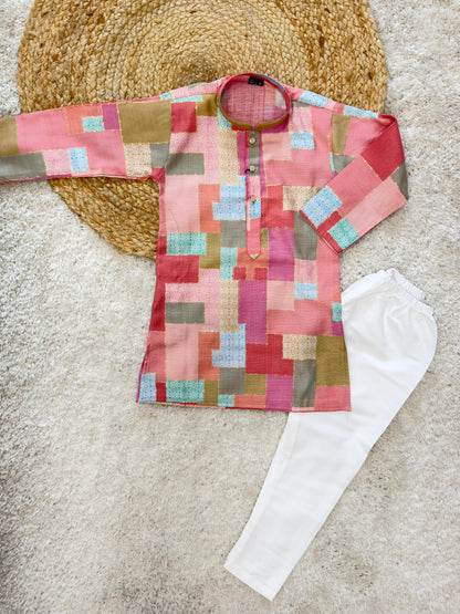 Full Sleeves Solid Kurta & Pyjama  with Multicolor box Print