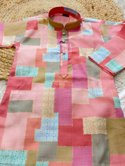 Full Sleeves Solid Kurta & Pyjama  with Multicolor box Print