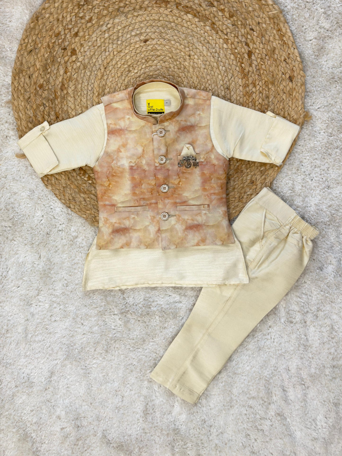 Full Sleeves Solid Color Kurta Pyjama Set with Floral Print Waistcoat Print