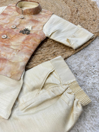Full Sleeves Solid Color Kurta Pyjama Set with Floral Print Waistcoat Print