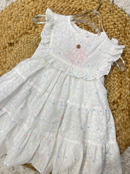 White Tiered Dress with Subtle Pastel Dots