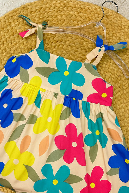 Bright Floral A-Line Dress with Shoulder Ties
