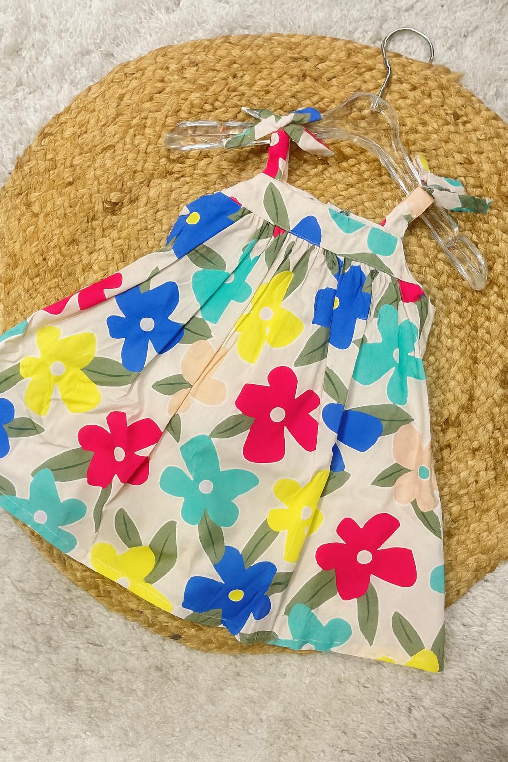 Bright Floral A-Line Dress with Shoulder Ties