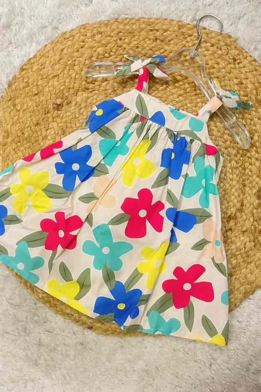 Bright Floral A-Line Dress with Shoulder Ties