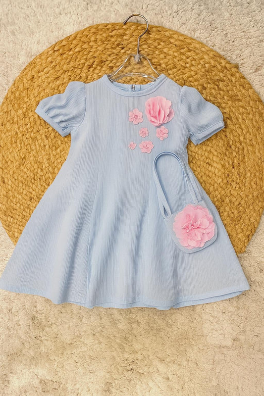 Blue Puff Sleeve Dress with Matching Purse