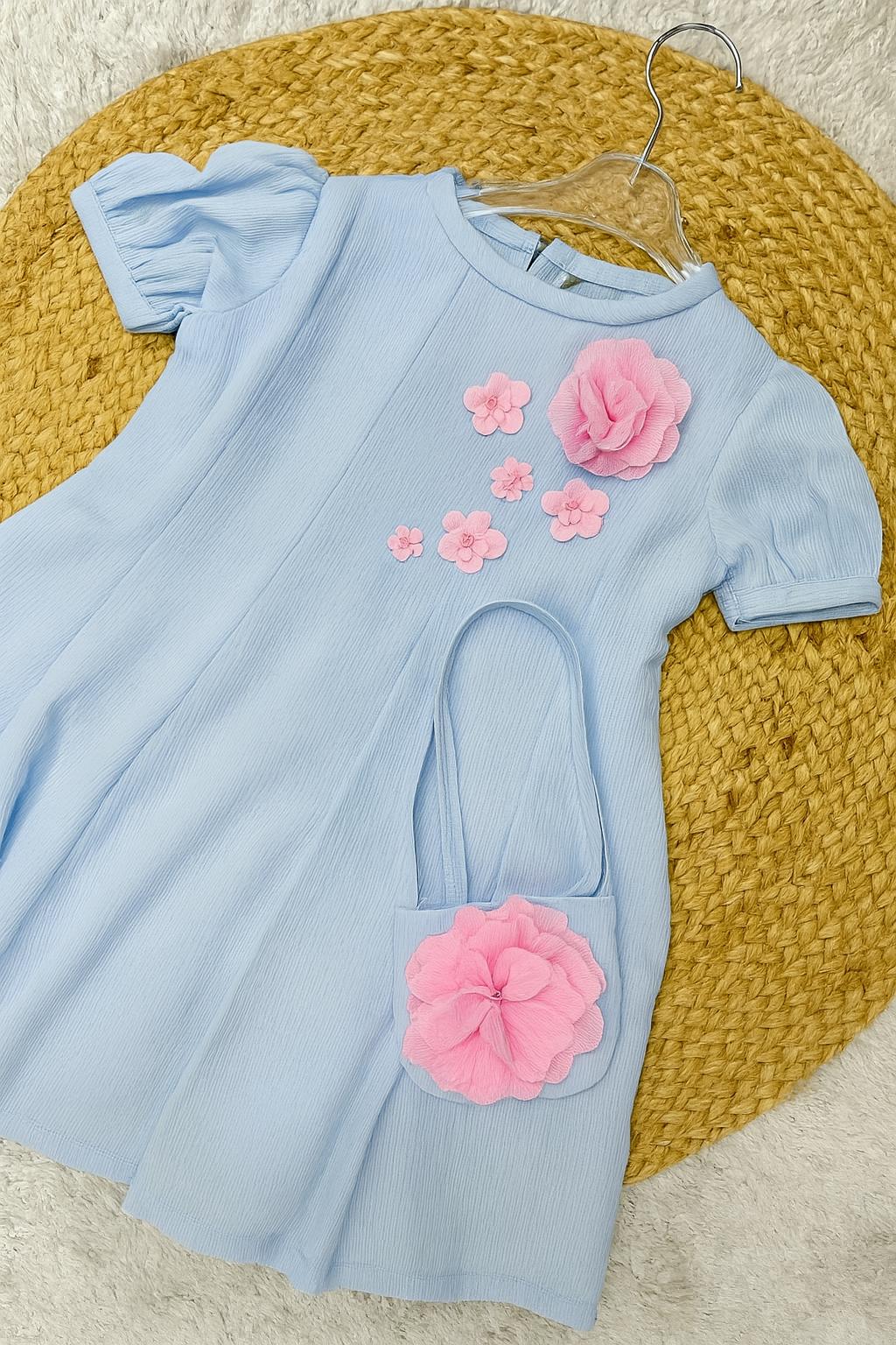 Blue Puff Sleeve Dress with Matching Purse