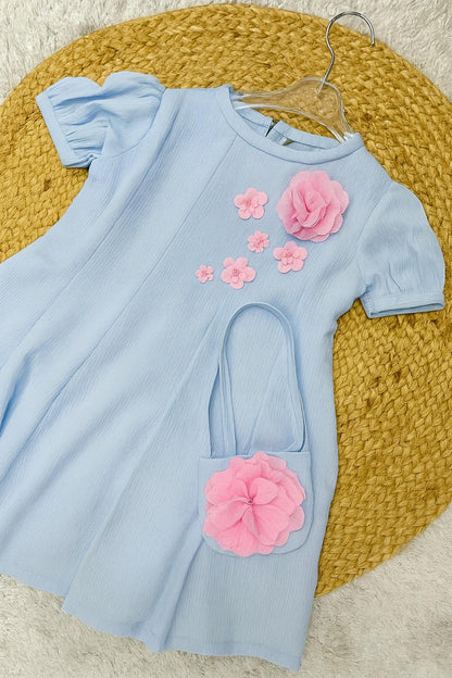 Blue Puff Sleeve Dress with Matching Purse