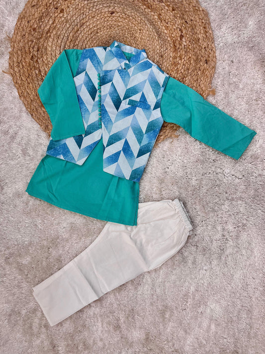 Kid Boy Turquoise color Kurta & Pajama With Check Style Multi Colour Jacket.