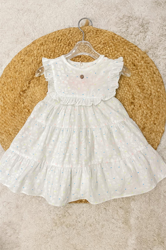 White Tiered Dress with Subtle Pastel Dots