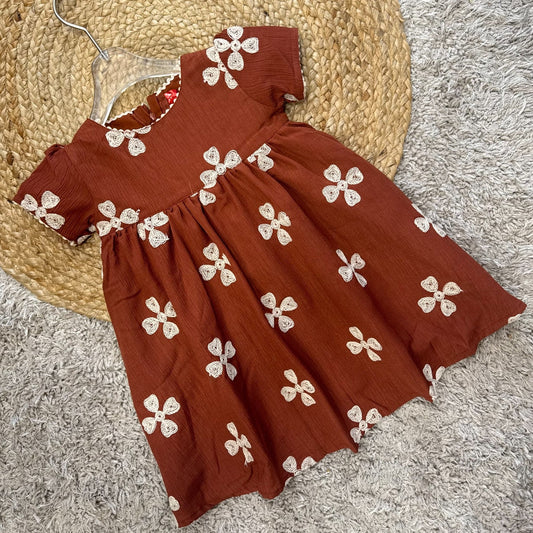 Brown Cotton Frock with Embroidered Flowers