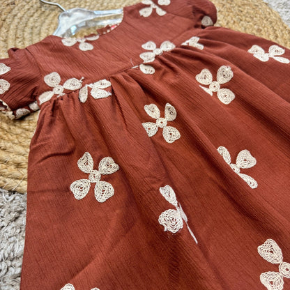 Brown Cotton Frock with Embroidered Flowers
