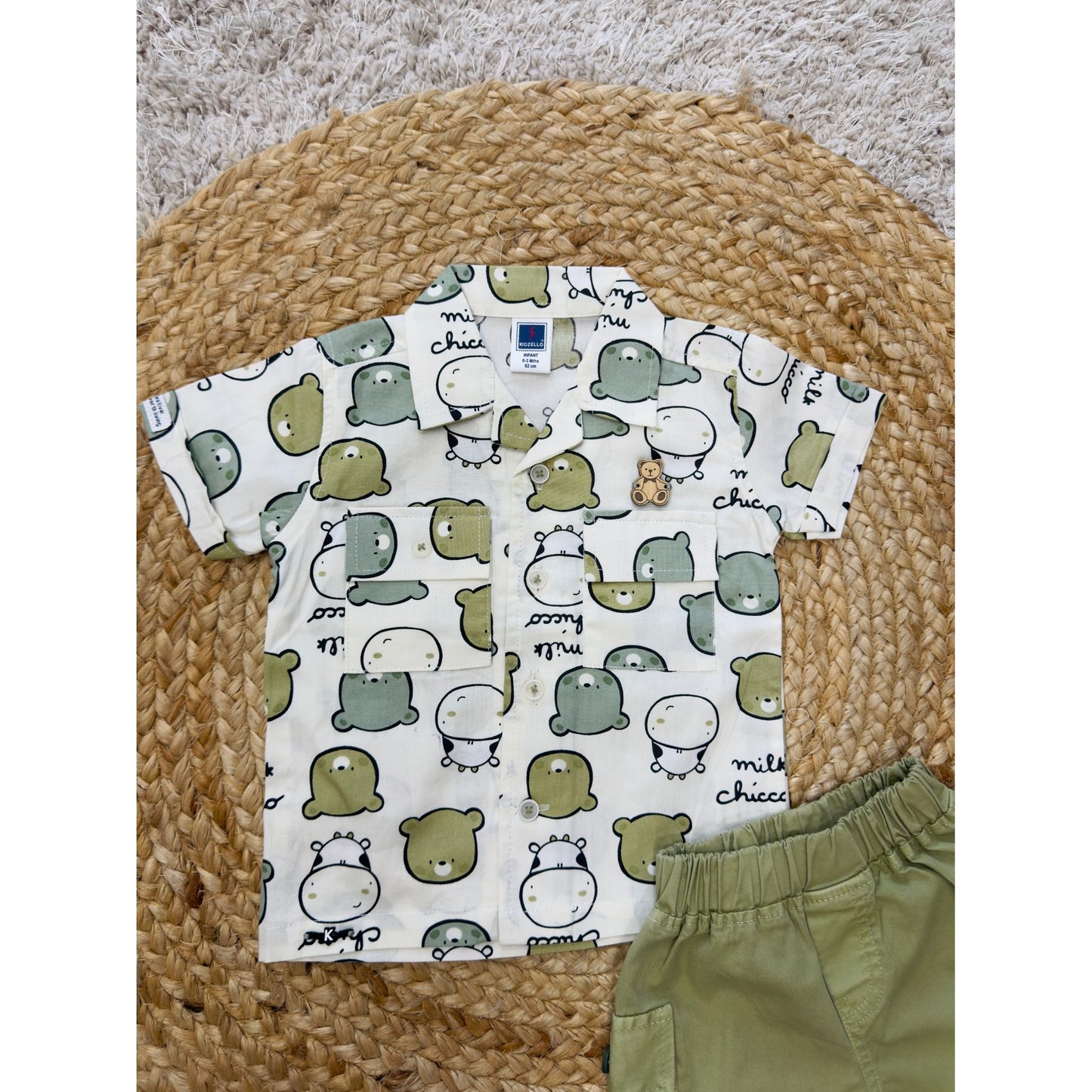 Boys Bear Print Shirt & Brown Shorts Set