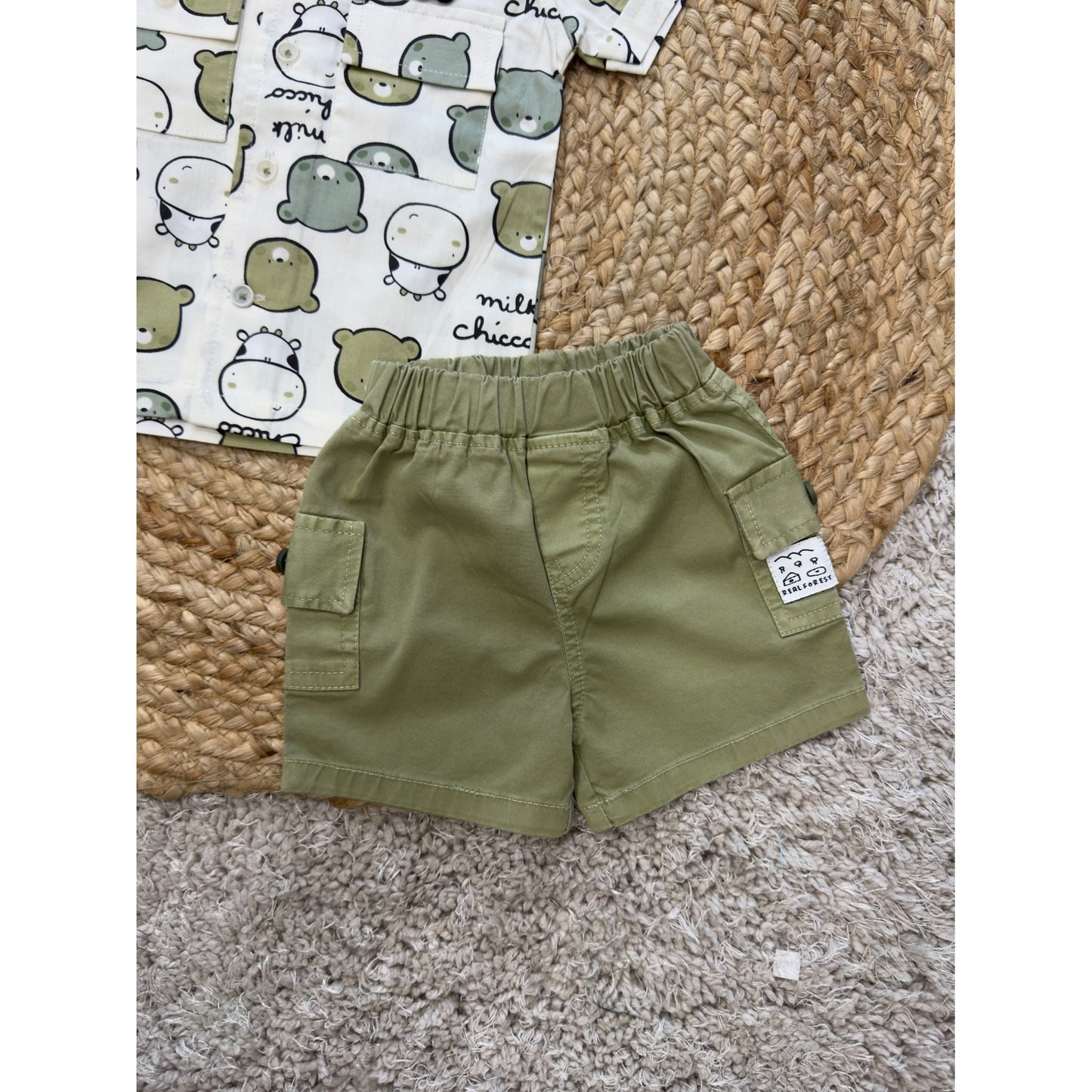Boys Bear Print Shirt & Brown Shorts Set